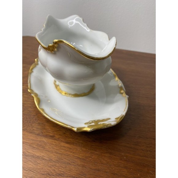 Limoges France Gravy Boat Dish Serving Bowl White Gold Scalloped Porcelain - Picture 3 of 11